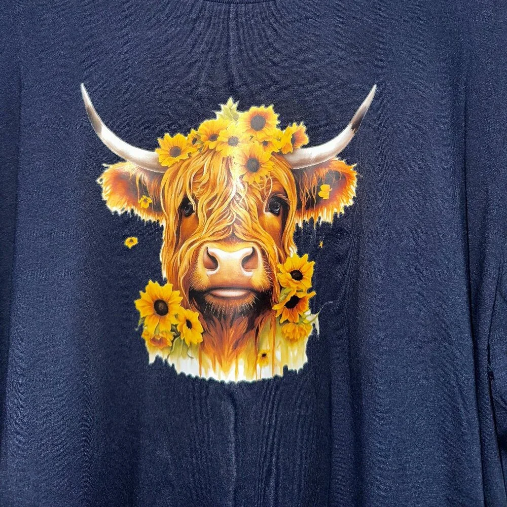 NEW Handcrafted Highland Cow Sunflowers Shirt Size XL